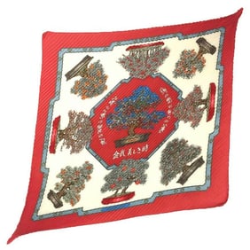 HERMES Pleated Scarf Carré 90 BONSAI Beautiful Time Ivory x Red 100% Silk Hermes Muffler