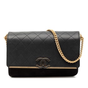 CHANEL Matelasse Coco Mark Chain Shoulder Bag in Black and Gold, Caviar Leather Suede, Women's