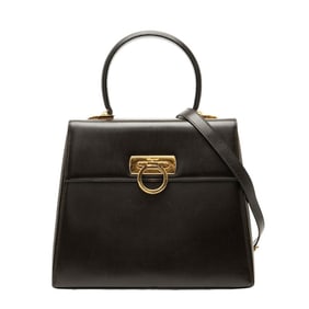 Salvatore Ferragamo Gancini 2-Way Handbag/Shoulder Bag AT-21 0536 Dark Brown Calfskin Leather
