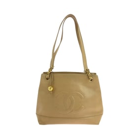 CHANEL Vintage Coco Mark Camel Leather Chain Shoulder Bag with Gold Hardware for Women