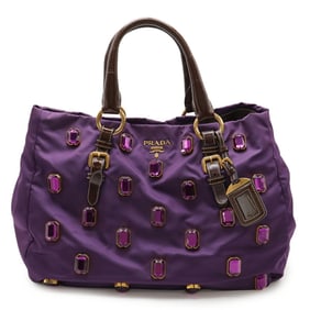 PRADA TESSUTO PIETRE Tote Bag, Shoulder Handbag, Nylon, Leather, Beaded ANEMONE, Purple, BR4118