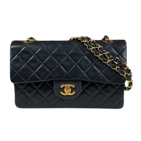 Pre-owned Chanel Matelasse Shoulder Bag in Black Lambskin with Double Flap and Chain.