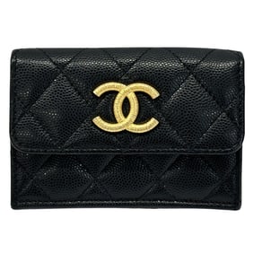 CHANEL Matelasse Women's Tri-fold Wallet in Caviar Leather with Black and Gold Coco Mark, Mini