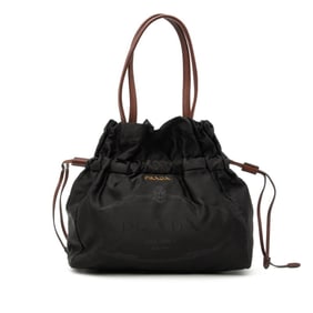 Prada Logo - Tote Bag Handbag Black Brown Nylon Leather Women's PRADA