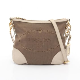 Prada Logo Jacquard Shoulder Bag, Canvas and Leather, Women's, Beige Ivory, BT0867