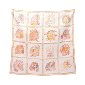 Hermes Hermès Carré 90 Chevaloscope Silk Scarf for Women, White, Orange, and Multicolor