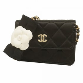 Chanel Matelasse Shoulder Bag, Chain Satin, Black, Champagne, Women's