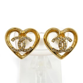 CHANEL Coco Mark Metal Strass Heart Earrings ABA103 Women's