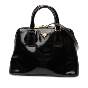 Prada Triangle Logo Plate Handbag/Shoulder Bag, 2-Way, Black Patent Leather, Women's, PRADA