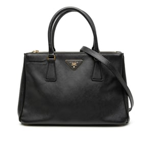 Prada Triangle Logo Plate Handbag/Shoulder Bag, 2-Way, Black Saffiano Leather, Women's, PRADA