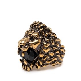 Gucci Lion Head Ring #23 Gold with Black Plated Crystals for Men