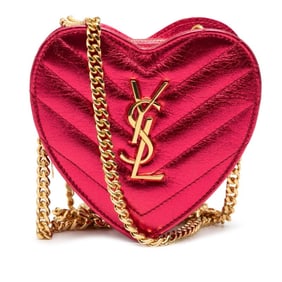 Saint Laurent YSL Logo Heart Pochette Mini Love Crossbody Chain Shoulder Bag Pink Leather Women's