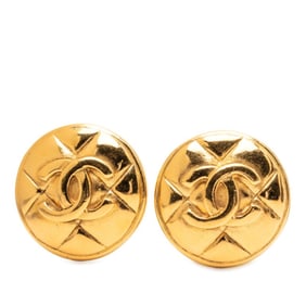 CHANEL Coco Mark Matelasse Round Earrings, Gold Plated, Women's