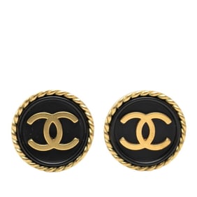 Vintage Chanel Coco Mark Round Earrings, Gold and Black Plated, Women's