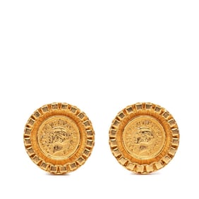 CHANEL Vintage Coin Motif Round Earrings, Gold Plated, Women's