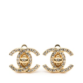 CHANEL Coco Mark Turnlock Rhinestone Earrings, Gold Plated, Women's