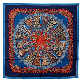 Hermès Carré 90 "In the Land of Spices" Scarf, Blue Multicolor Silk, Women's, HERMES