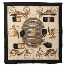 Hermes Hermès Carré 90 "Les Voitures a Transformation" Folding Carriage Scarf, Black and