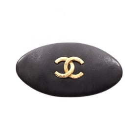 CHANEL Coco Mark Oval Barrette Accessory, Leather, GP (Gold Plated), Women's, Black, Gold