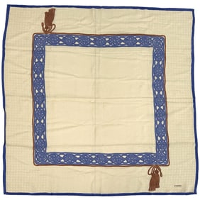 Chanel scarf/muffler with Coco mark, women's brand, silk, beige, blue, tassel, rope