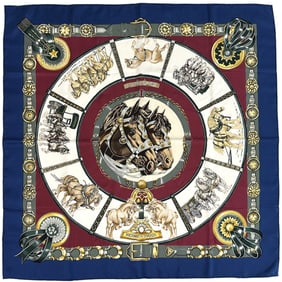 Hermes Hermès CHEVAUX DE TRAIT Carré 90 Scarf, Women's, Silk, Navy, Bordeaux, Multicolor, Horse