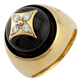 Pre-owned Louis Vuitton Chevalier B Blossom Ring, 18k gold with onyx and diamonds, for women.