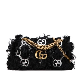 Gucci GG Marmont Pattern Chain Shoulder Bag/Handbag 752026 Black/White Faux Fur/Leather Women's