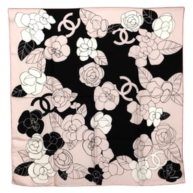 CHANEL Coco Mark Camellia - Scarf Muffler Pink Black Silk Women's