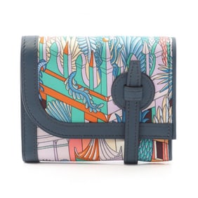 Hermes Hermès Avexois Compact ANIMAPOLIS Wallet/Coin Case, Silk and Leather, Swift Women's, Navy,