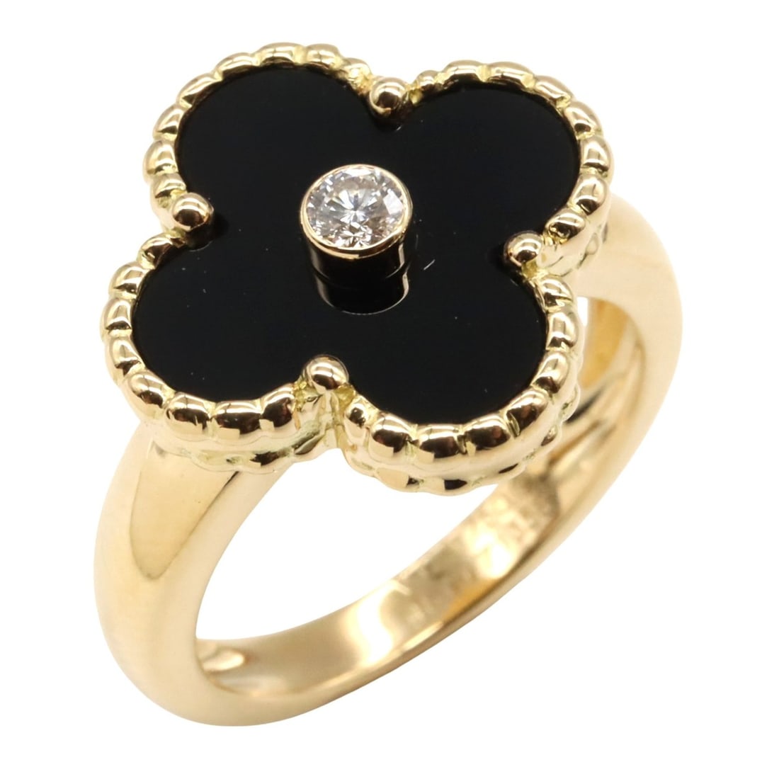 Van Cleef & Arpels Vintage Alhambra Ring, 18K Yellow Gold with Diamonds and Onyx, Clear or Black,: --- Catalog ---Category: SizeUS Size: 4.5Brand Size: 48Category: DesignType: Band ringColor: Yellow goldStone: Diamond, OnyxGender: WomenMaterial: Yellow gold (18K)Stone Color: Black, ClearCategory: G