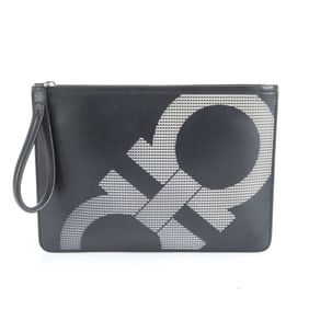 Salvatore Ferragamo Double Gancini Leather Clutch Bag Pouch Black Men's