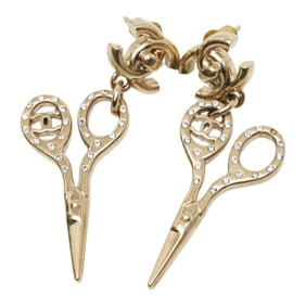 CHANEL Coco Mark Scissor Turnlock Rhinestone Earrings, Gold Plated, Women's