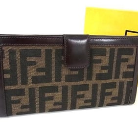 FENDI Zucca Wallet 2804?01339 Brown Canvas and Leather Double Bifold Long for Men Women