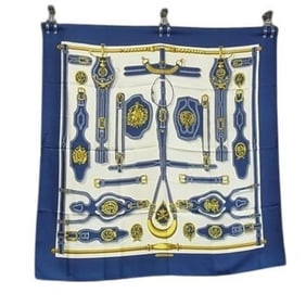 HERMES Carré 90 Scarf, Blue and White Silk, Women's, HARNAIS DES PRESIDENTS, Presidential Horse