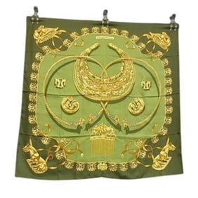 HERMES Carré 90 Green Silk Scarf for Women, CAVALIERS D'OR, Golden Knights