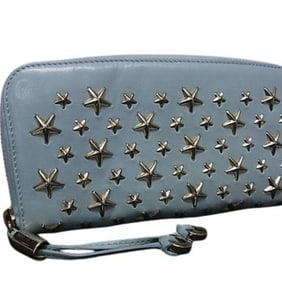 JIMMY CHOO Philippa Light Blue Leather Women's Star Stud Round Long Wallet