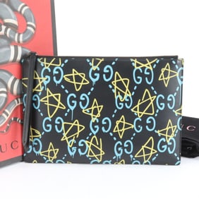Gucci Ghost Leather Clutch Bag 445597 Pouch Black Men's