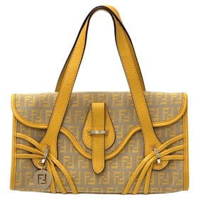 Fendi Zucchino Handbag, Women's, Canvas and Leather, Yellow Beige, Mini Compact, Excellent Condition