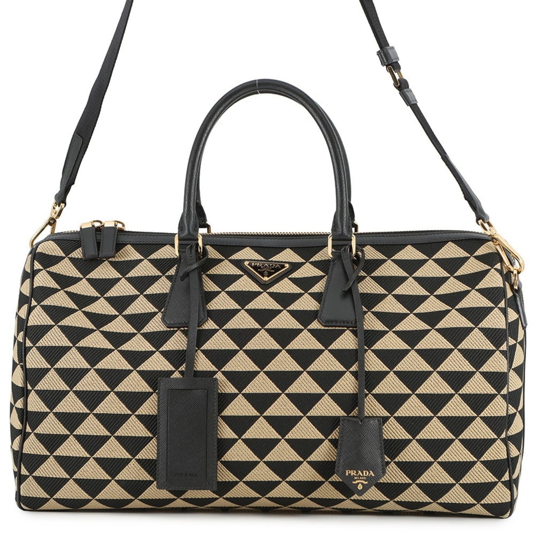 Prada Boston Bag Symbol Embroidered Fabric Travel 2VC034 PRADA: --- Catalog ---Category: SizeSize (HxWxD): 24cm x 44cm x 23cm / 9.44'' x 17.32'' x 9.05''Category: DesignType: Boston bagColor: Beige, BlackGender: Women,MenCategory: GeneralMPN: 2VC034Brand: PradaCou