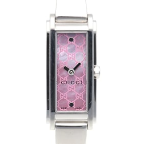 Gucci watch, stainless steel 109 quartz movement, women's, pre-owned GUCCI bangle with pink shell.