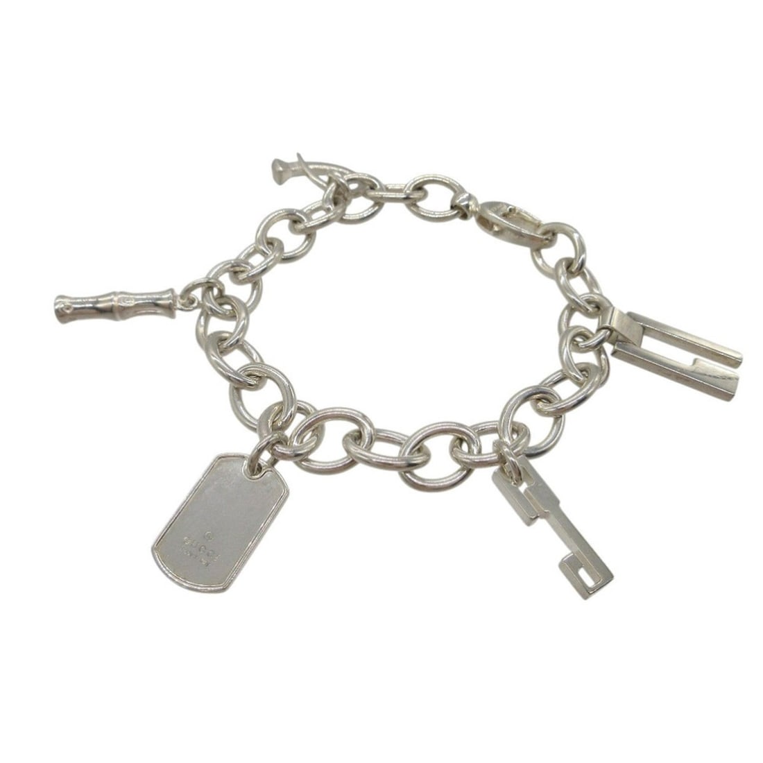 Excellent condition Gucci 5-charm bamboo G logo dog tag icon charm bracelet in 925 silver: --- Catalog ---Category: SizeLength: 18cm / 7.08''Category: DesignType: Charm braceletColor: SilverGender: WomenMaterial: Silver 925Category: GeneralBrand: GucciCountry of Origin: Italy--- Item List -