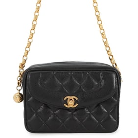 CHANEL Chain Shoulder Bag Matelasse Coco Mark Caviar Skin Black