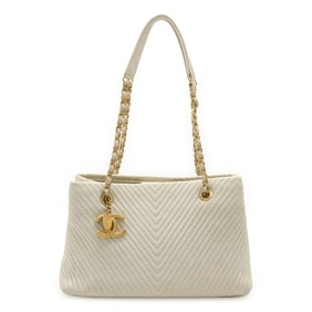 CHANEL V-Stitch Chevron Coco Mark Tote Bag with Chain Shoulder Strap, Leather, Ivory and White,