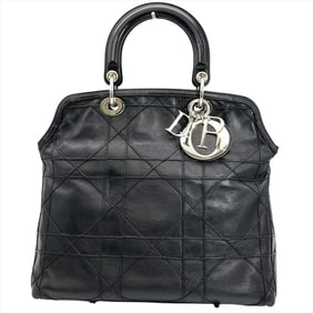 Christian Dior Dior Lady Cannage Handbag Leather Black Women's