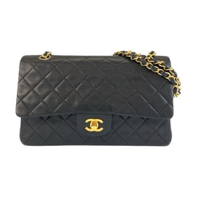 CHANEL Vintage Matelasse Double Flap Coco Mark Black Leather Chain Shoulder Bag with Gold Hardware