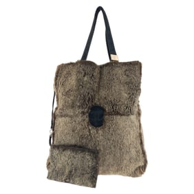CHANEL Vintage Coco Mark Brown Black Silver Hardware Rabbit Fur Suede Tote Bag Shoulder Women's