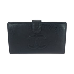 CHANEL Vintage Coco Mark Black Caviar Leather Long Wallet for Women with Gold Hardware