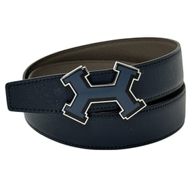 Hermes Hermès Men's Street H Leather Belt, Navy/Gray, Reversible, Rare, C Stamp