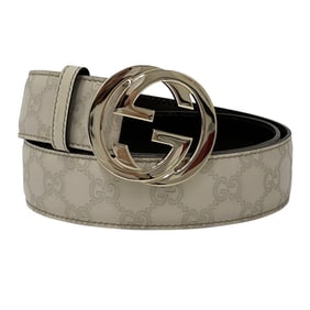 Gucci Men's Interlocking Shima Leather Belt in Ivory and Gold, Light Gray (114876/214351)