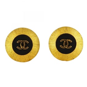 Chanel Coco Mark Circle Earrings, GP Plated Gold and Black, Women's, P1865244